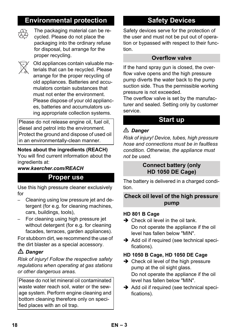 Environmental protection, Proper use, Safety devices | Start up | Karcher HD 1050 De Cage User Manual | Page 18 / 286