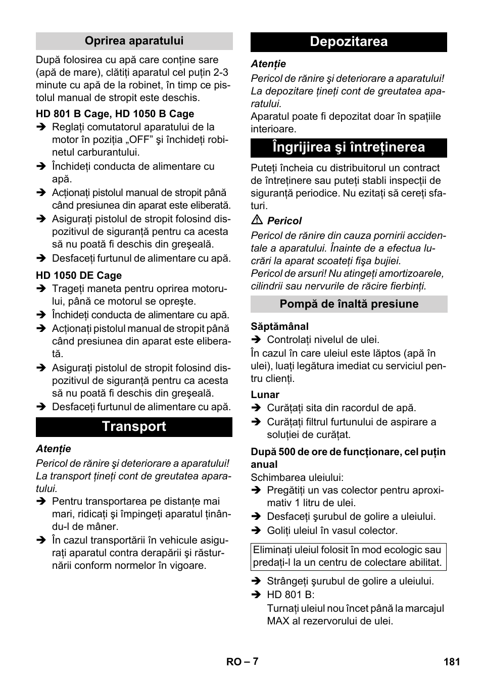 Transport depozitarea îngrijirea şi întreţinerea | Karcher HD 1050 De Cage User Manual | Page 181 / 286