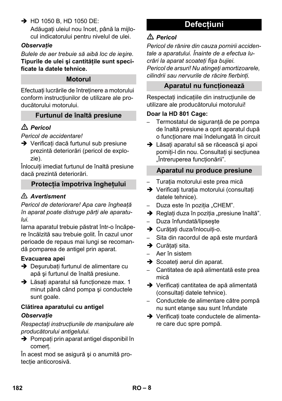 Defecţiuni | Karcher HD 1050 De Cage User Manual | Page 182 / 286