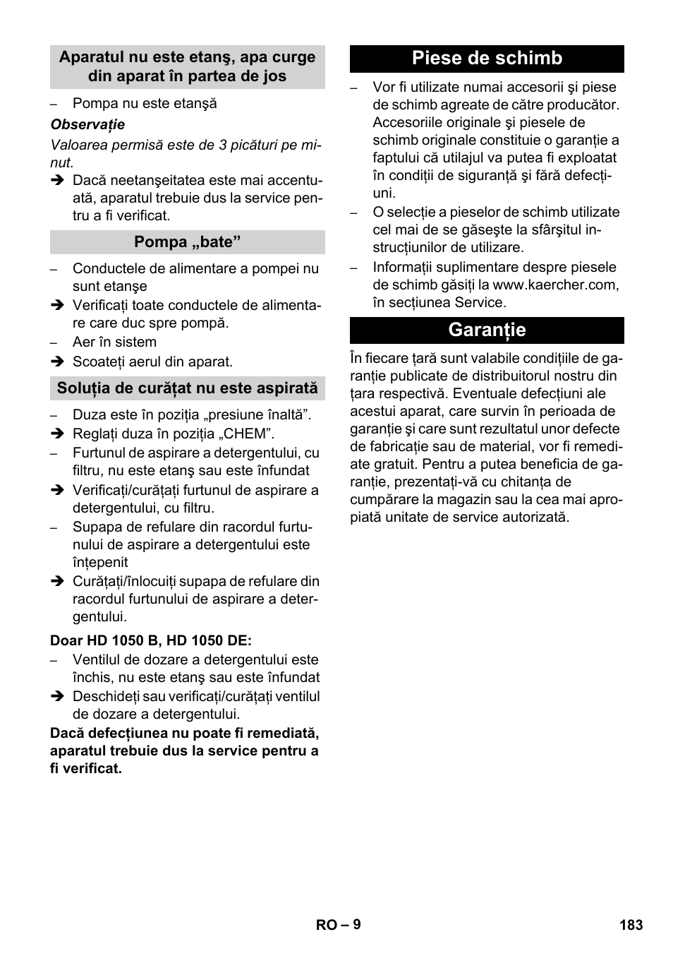 Piese de schimb garanţie | Karcher HD 1050 De Cage User Manual | Page 183 / 286