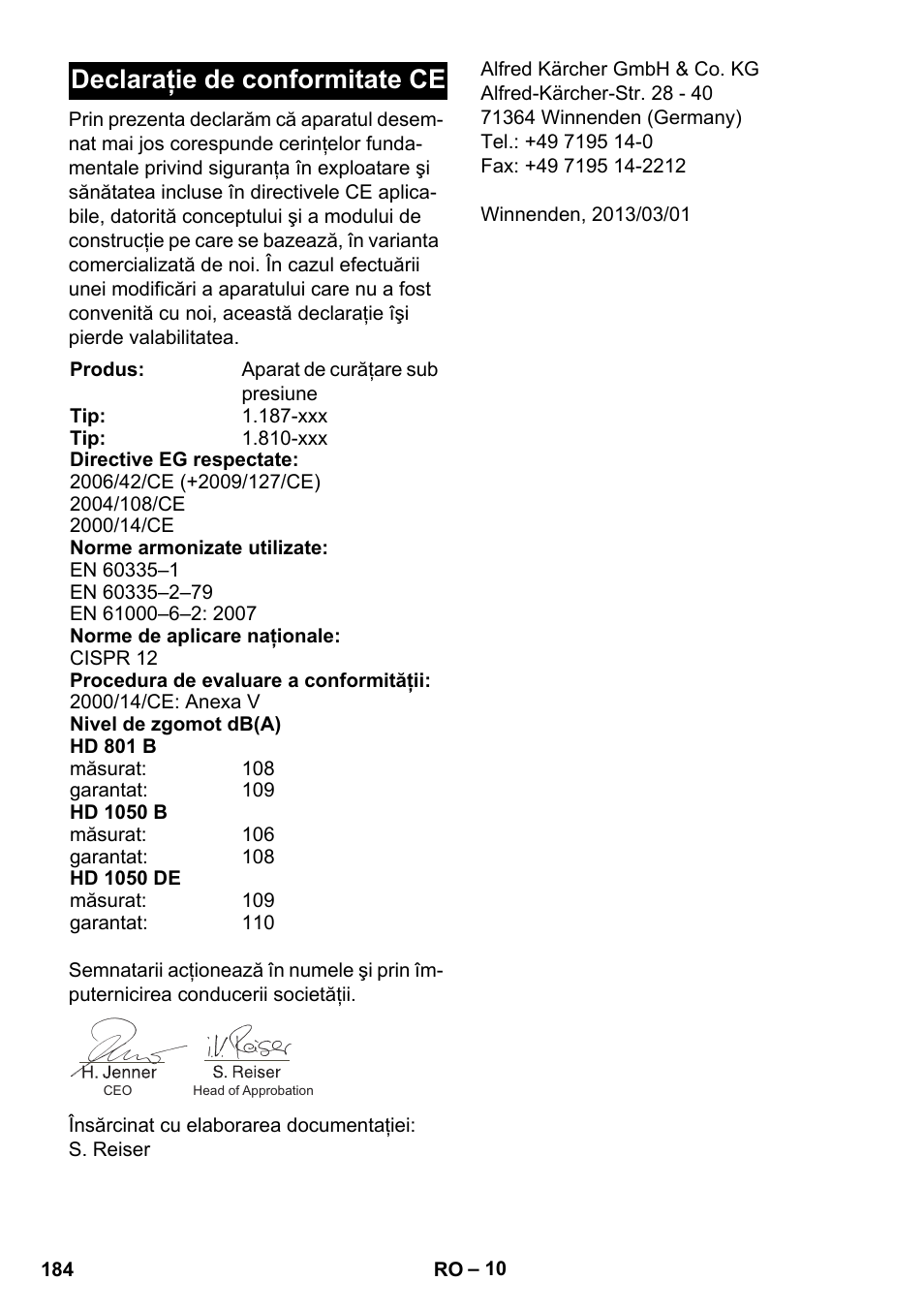 Declaraţie de conformitate ce | Karcher HD 1050 De Cage User Manual | Page 184 / 286