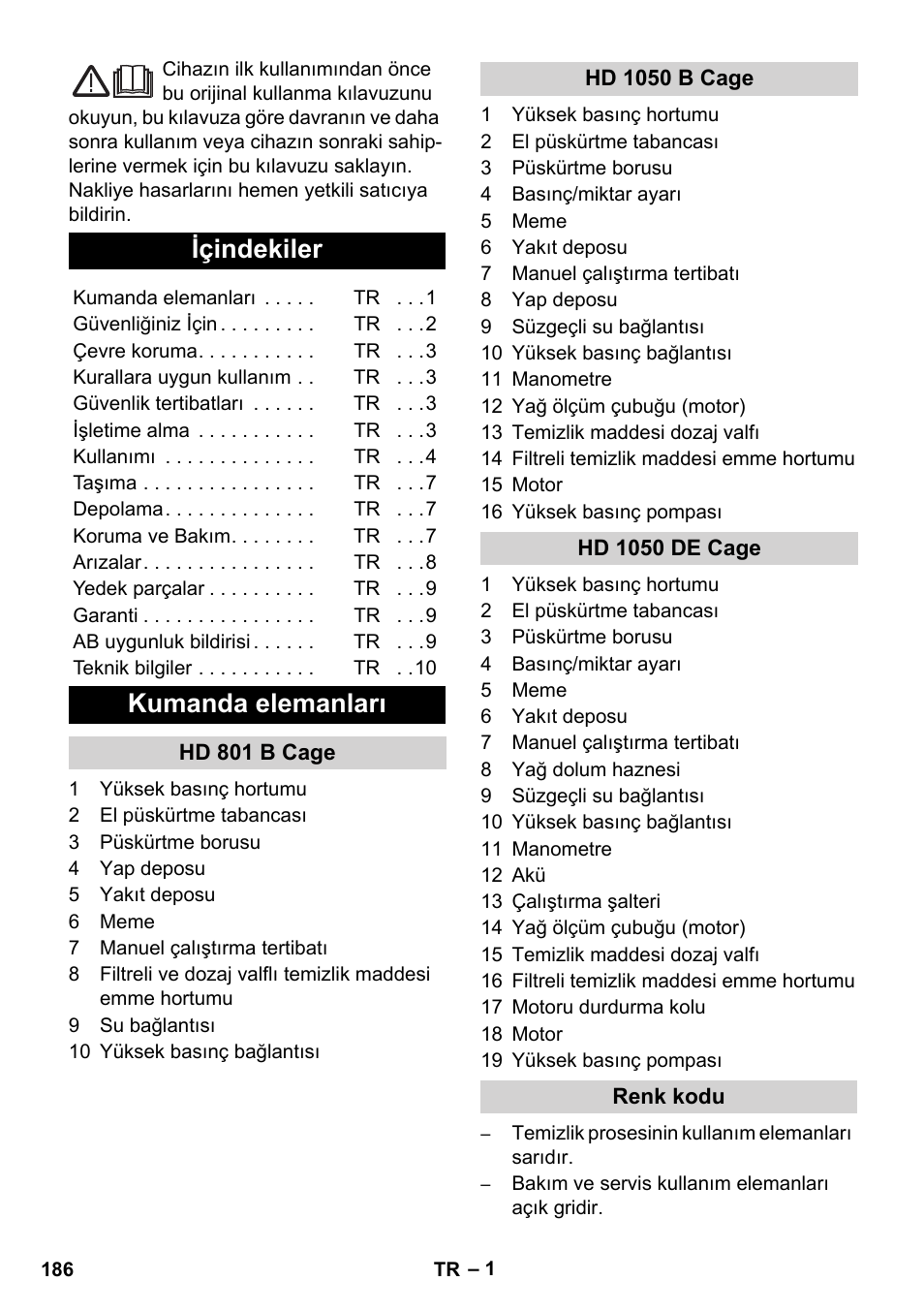 Türkçe, Içindekiler, Kumanda elemanları | Karcher HD 1050 De Cage User Manual | Page 186 / 286