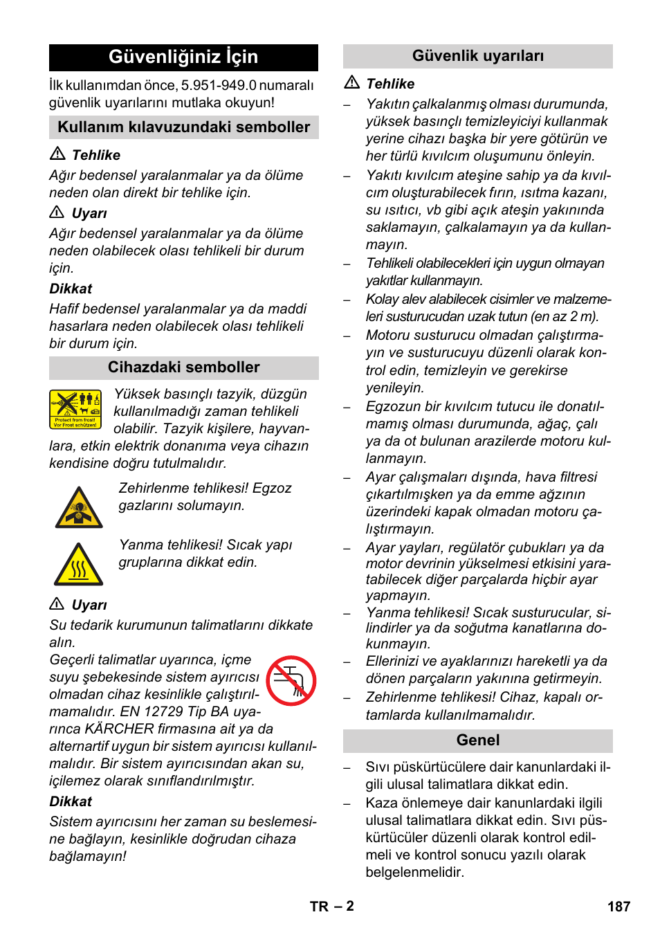 Güvenliğiniz için | Karcher HD 1050 De Cage User Manual | Page 187 / 286