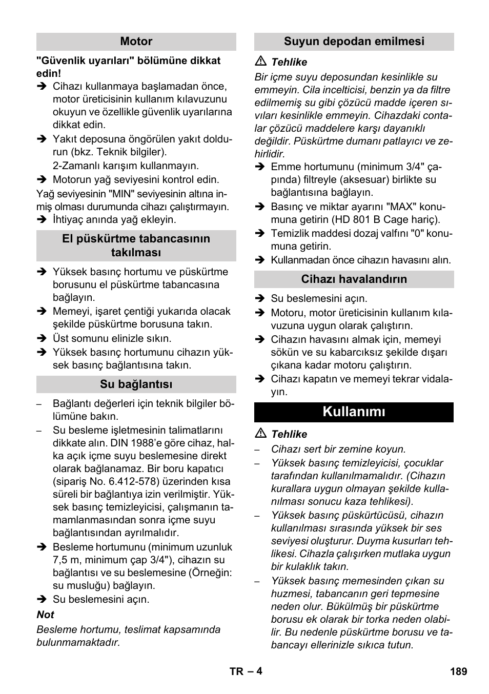 Kullanımı | Karcher HD 1050 De Cage User Manual | Page 189 / 286