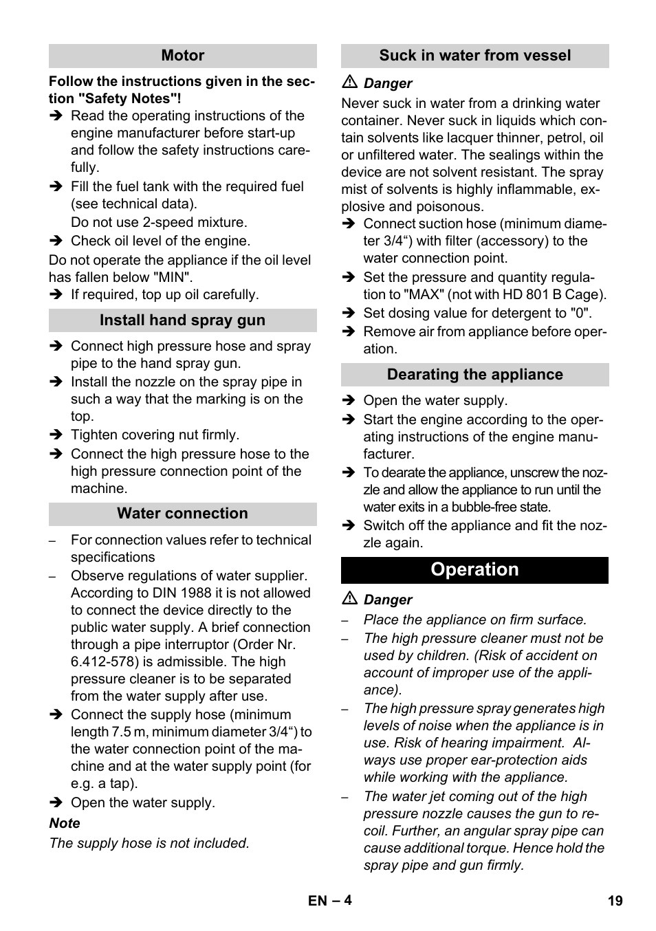 Operation | Karcher HD 1050 De Cage User Manual | Page 19 / 286