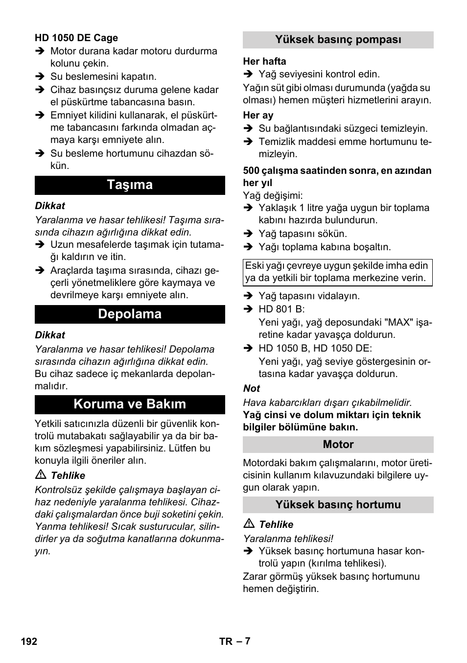 Taşıma depolama koruma ve bakım | Karcher HD 1050 De Cage User Manual | Page 192 / 286