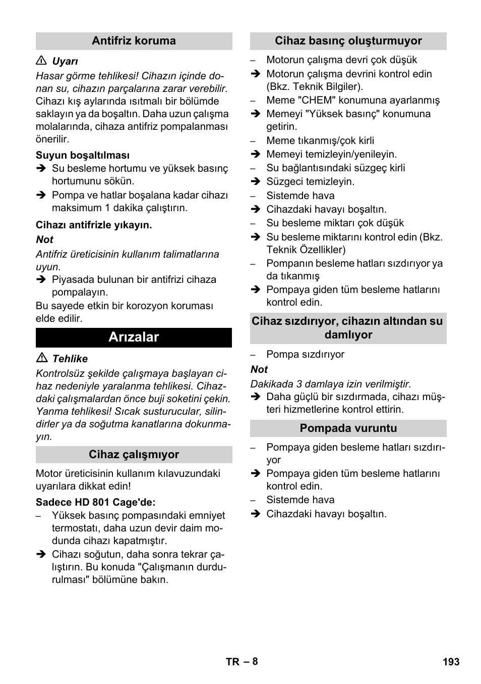 Arızalar | Karcher HD 1050 De Cage User Manual | Page 193 / 286