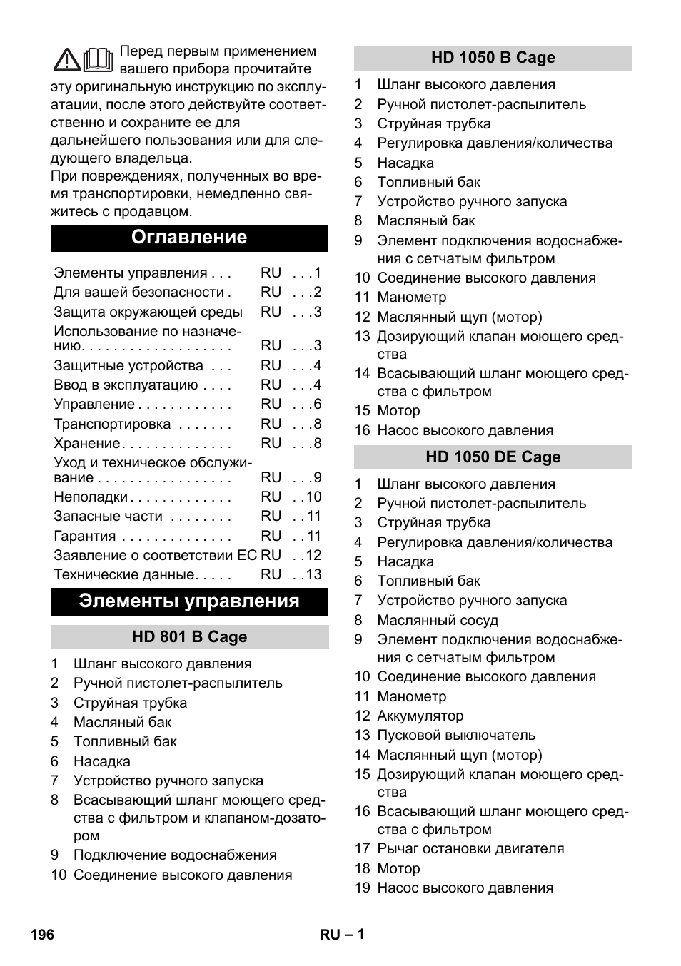 Русский, Оглавление, Элементы управления | Karcher HD 1050 De Cage User Manual | Page 196 / 286
