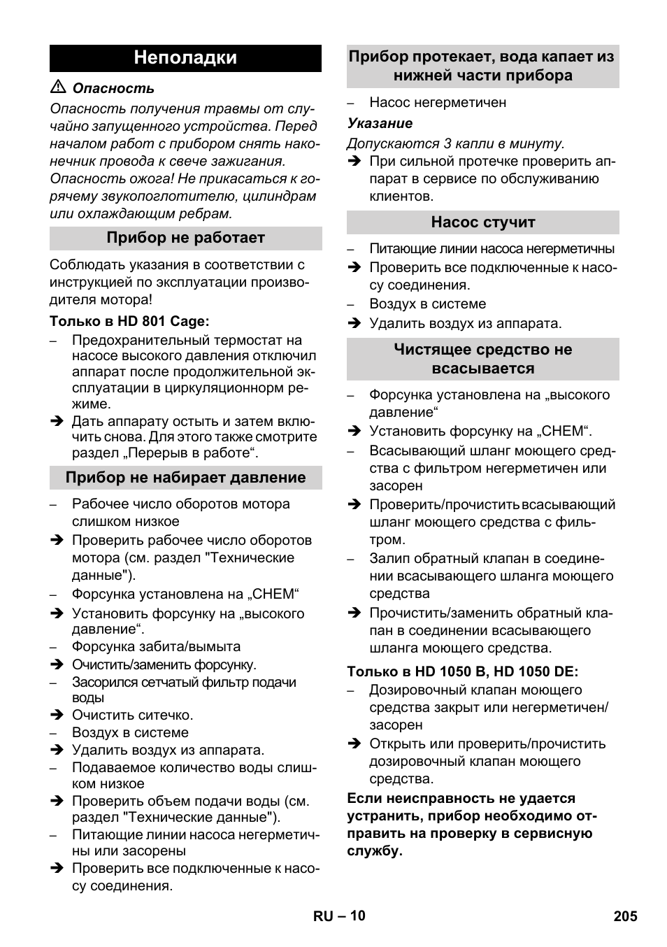 Неполадки | Karcher HD 1050 De Cage User Manual | Page 205 / 286