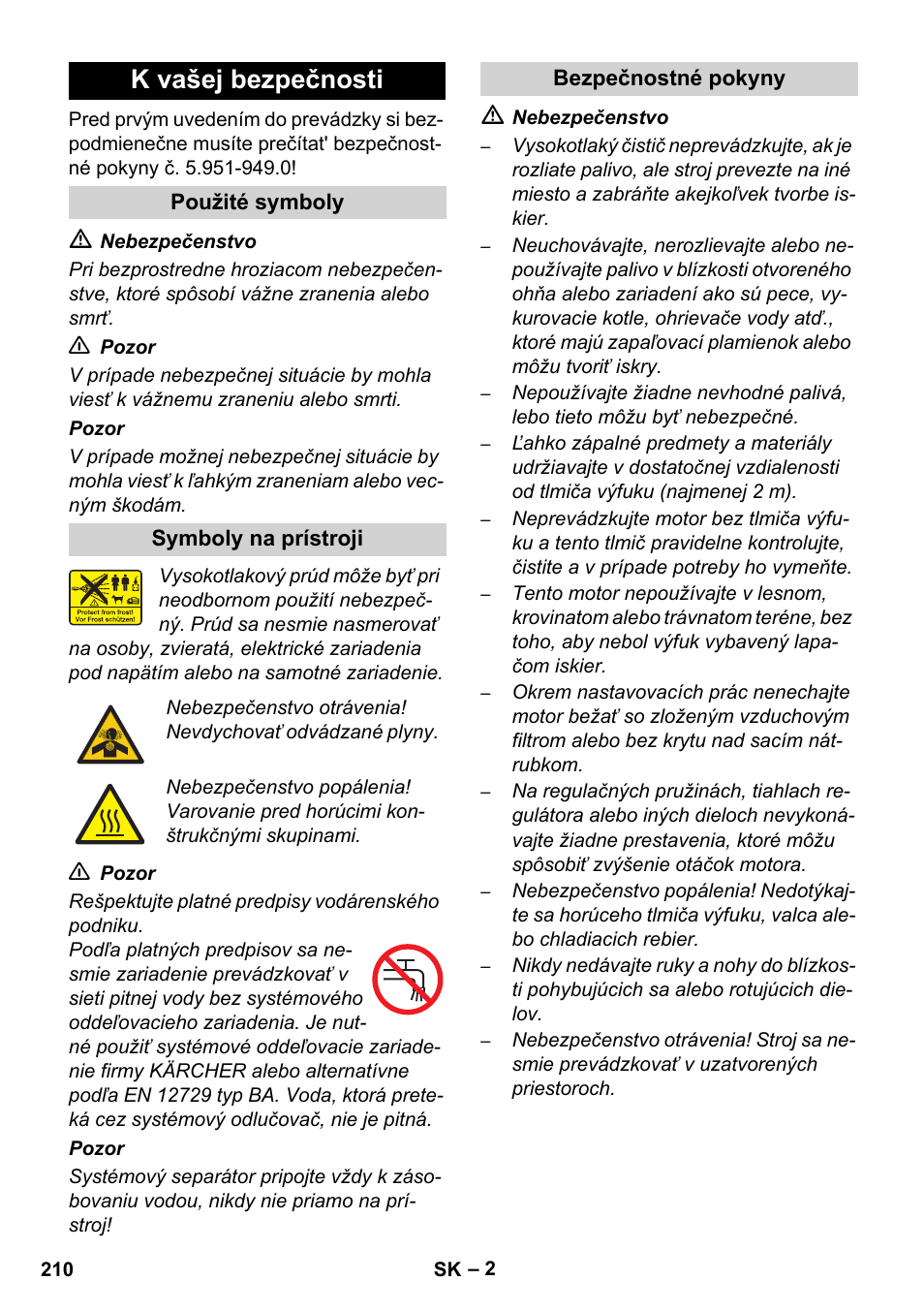 K vašej bezpečnosti | Karcher HD 1050 De Cage User Manual | Page 210 / 286