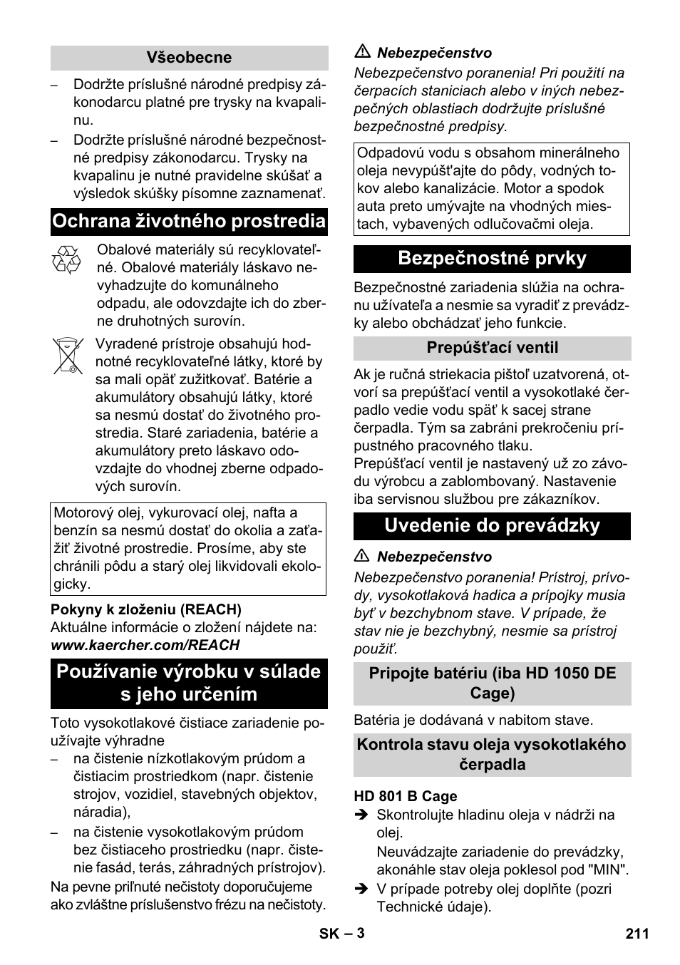 Ochrana životného prostredia, Používanie výrobku v súlade s jeho určením, Bezpečnostné prvky | Uvedenie do prevádzky | Karcher HD 1050 De Cage User Manual | Page 211 / 286