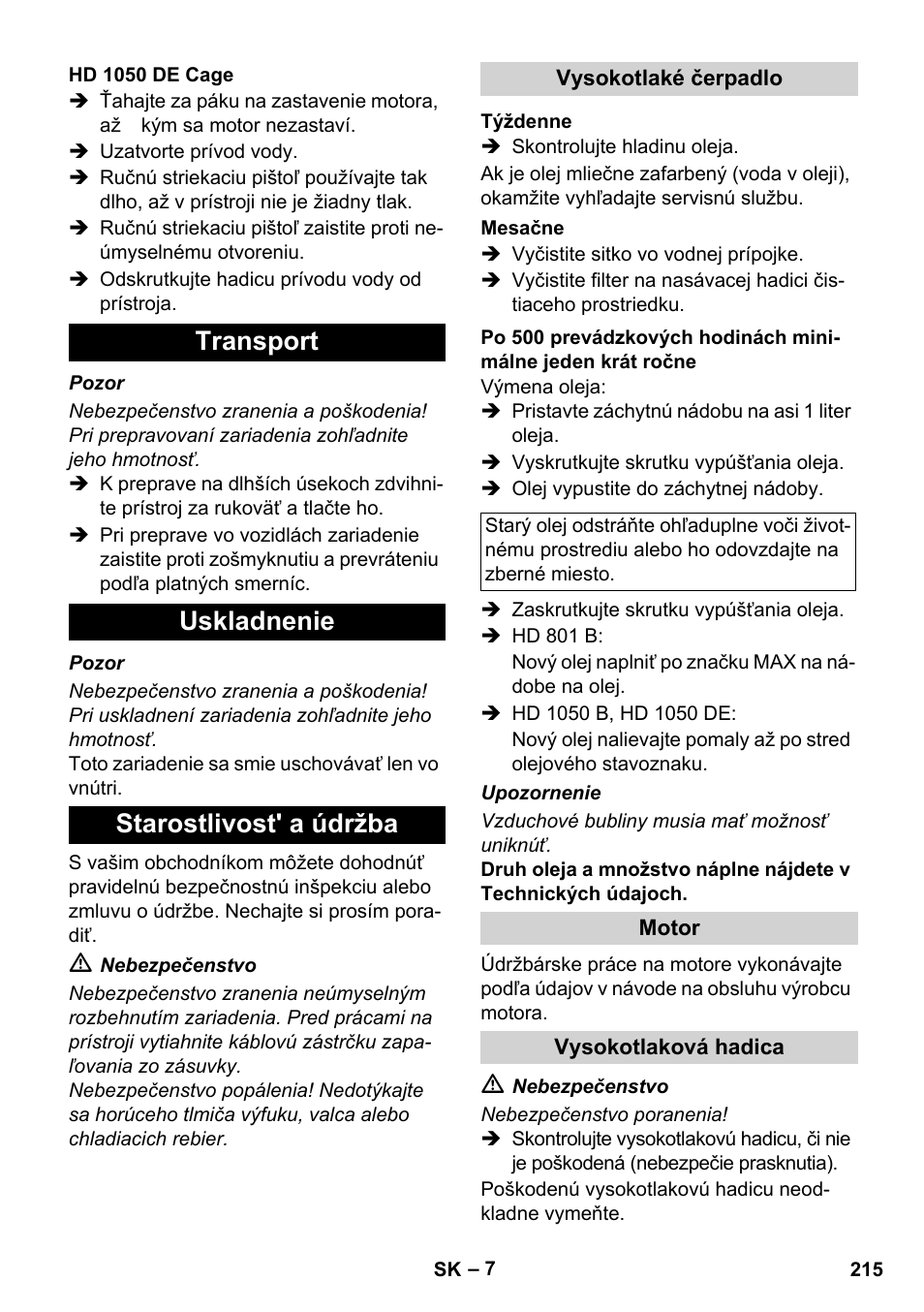 Transport uskladnenie starostlivost' a údržba | Karcher HD 1050 De Cage User Manual | Page 215 / 286