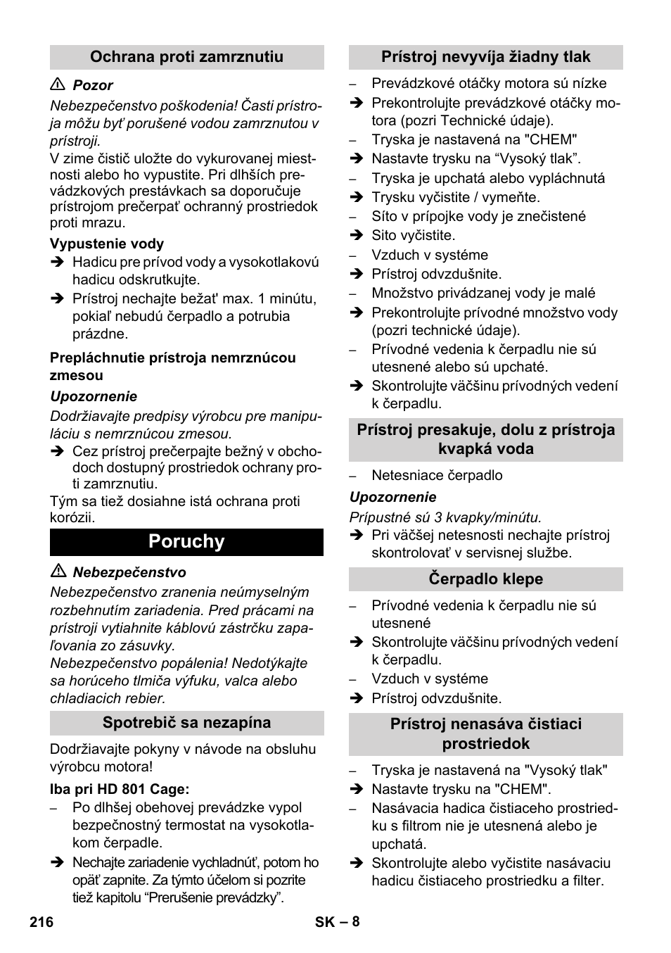 Poruchy | Karcher HD 1050 De Cage User Manual | Page 216 / 286