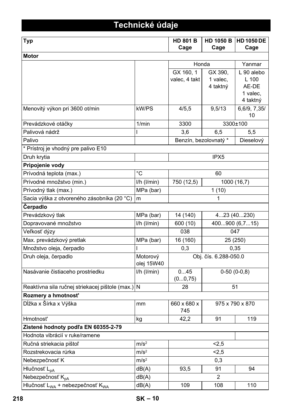 Technické údaje | Karcher HD 1050 De Cage User Manual | Page 218 / 286
