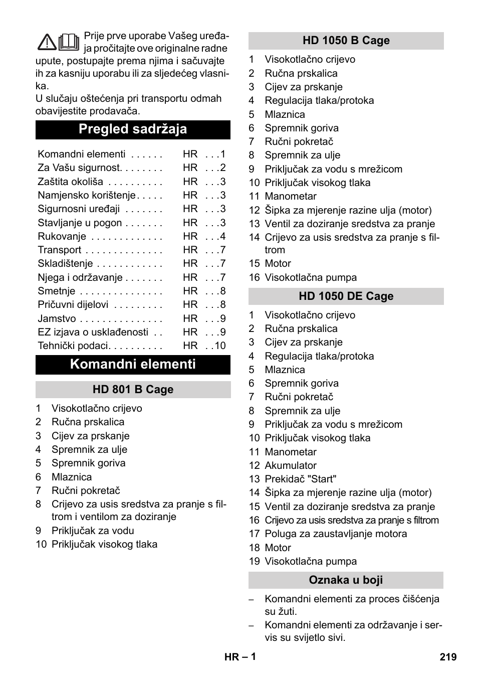 Hrvatski, Pregled sadržaja, Komandni elementi | Karcher HD 1050 De Cage User Manual | Page 219 / 286