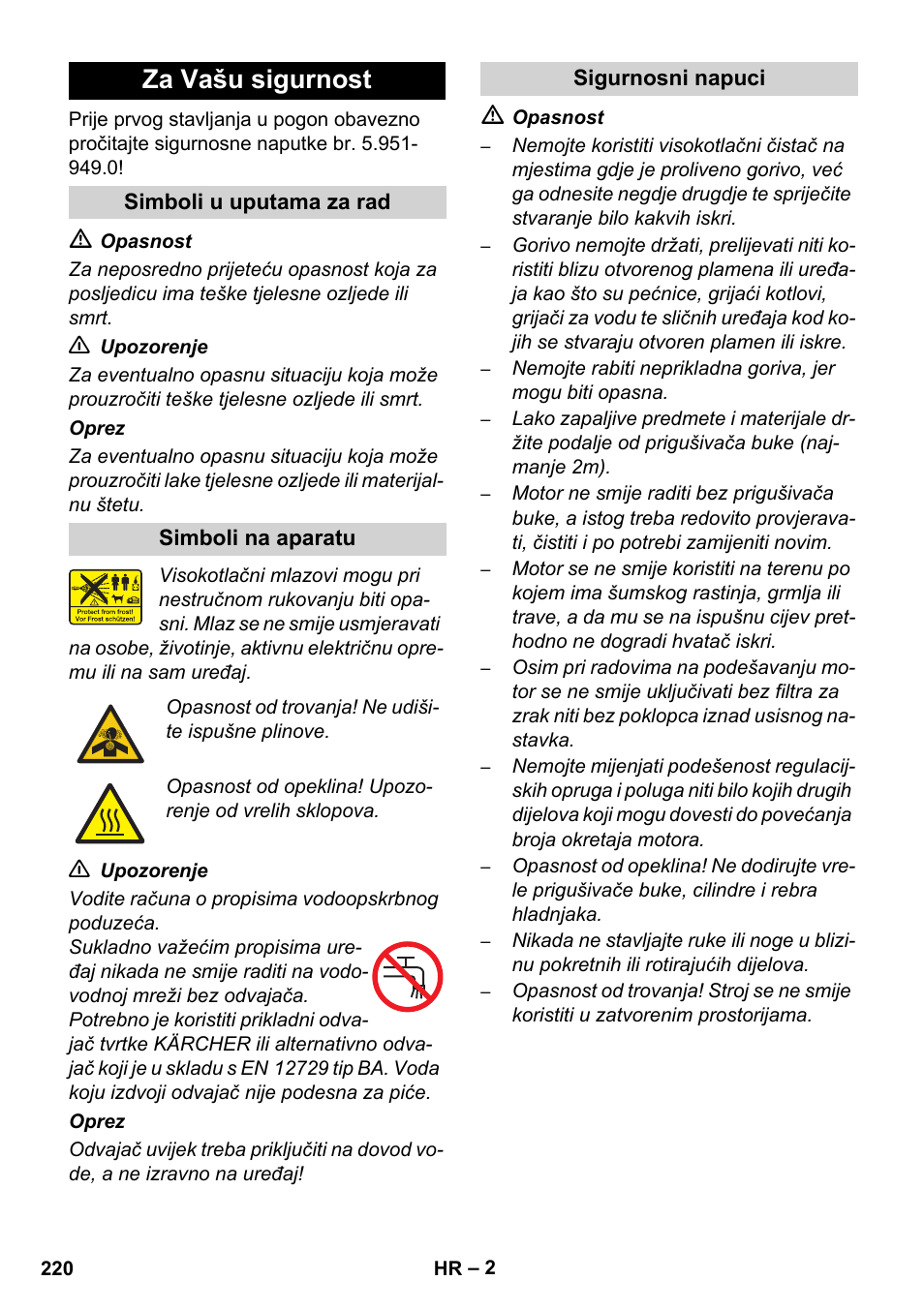 Za vašu sigurnost | Karcher HD 1050 De Cage User Manual | Page 220 / 286