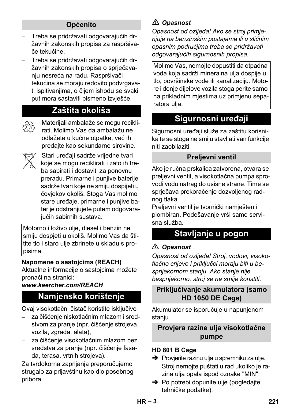 Zaštita okoliša, Namjensko korištenje, Sigurnosni uređaji | Stavljanje u pogon | Karcher HD 1050 De Cage User Manual | Page 221 / 286