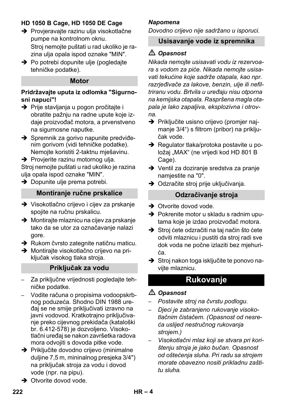 Rukovanje | Karcher HD 1050 De Cage User Manual | Page 222 / 286