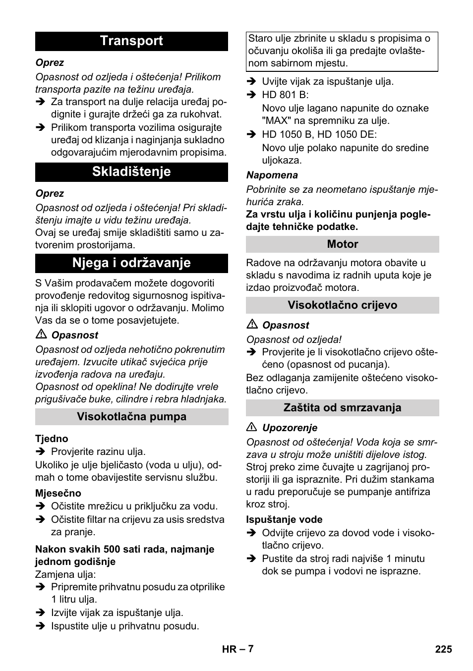 Transport skladištenje njega i održavanje | Karcher HD 1050 De Cage User Manual | Page 225 / 286