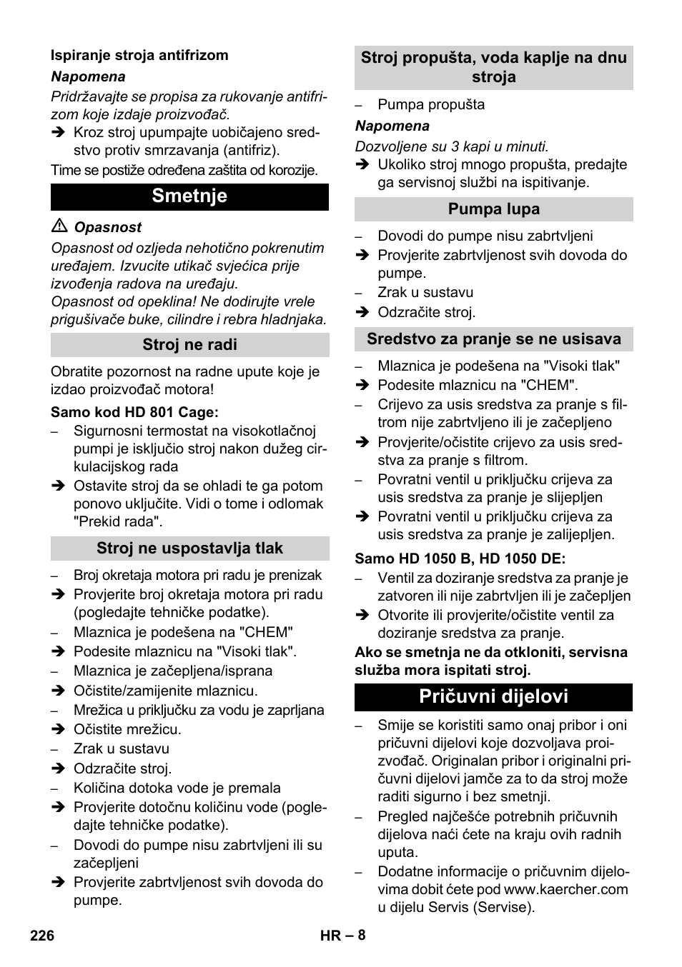 Smetnje, Pričuvni dijelovi | Karcher HD 1050 De Cage User Manual | Page 226 / 286
