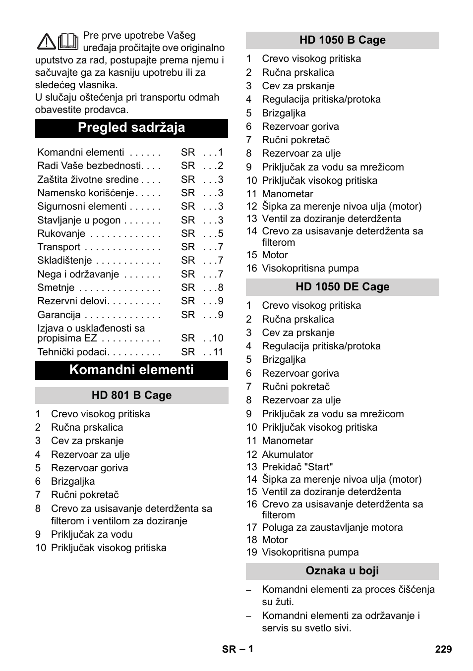 Srpski, Pregled sadržaja, Komandni elementi | Karcher HD 1050 De Cage User Manual | Page 229 / 286