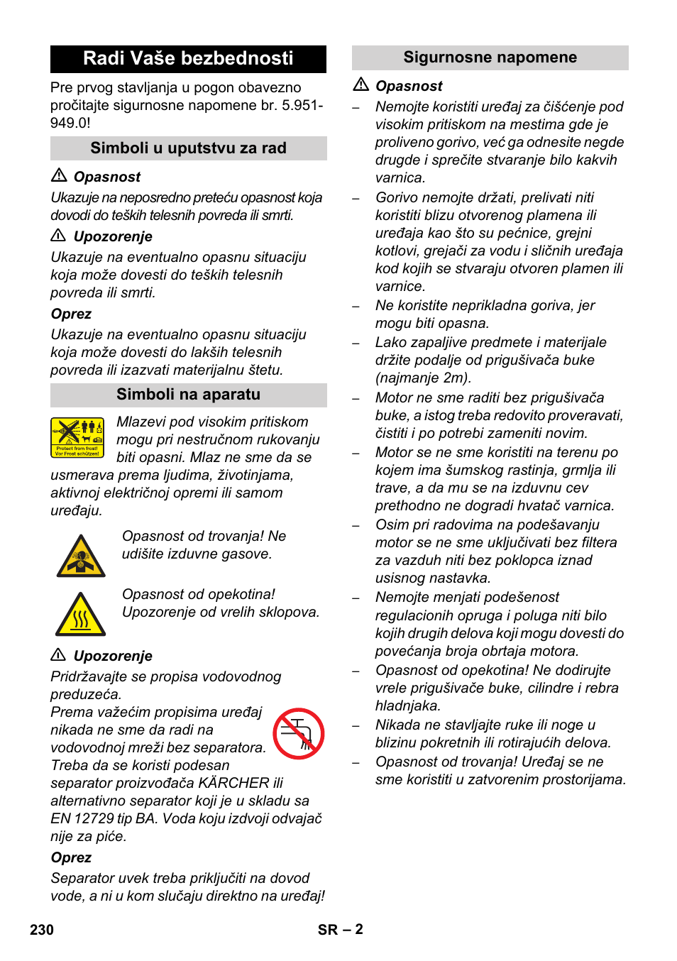 Radi vaše bezbednosti | Karcher HD 1050 De Cage User Manual | Page 230 / 286