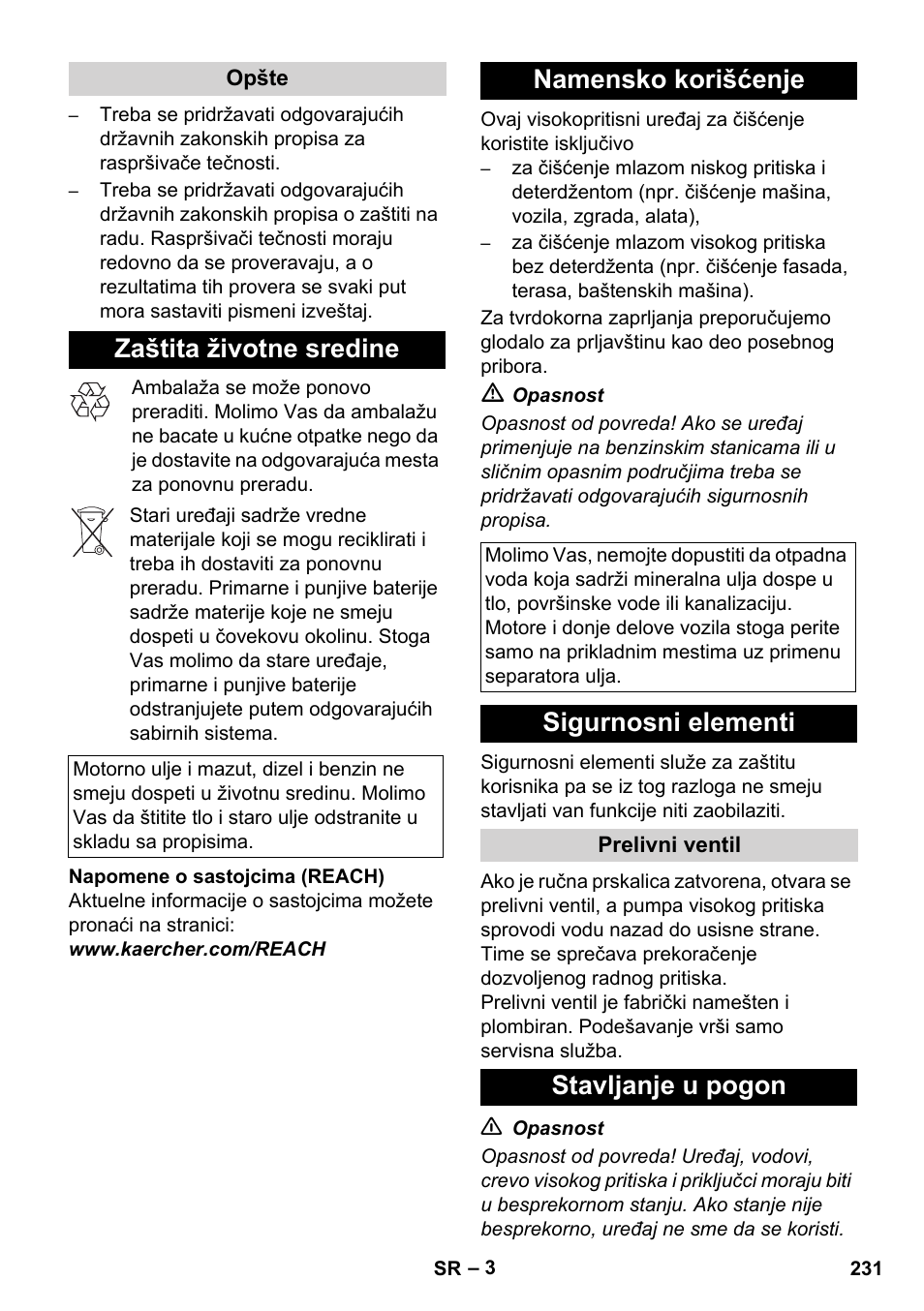 Zaštita životne sredine, Namensko korišćenje, Sigurnosni elementi | Stavljanje u pogon | Karcher HD 1050 De Cage User Manual | Page 231 / 286