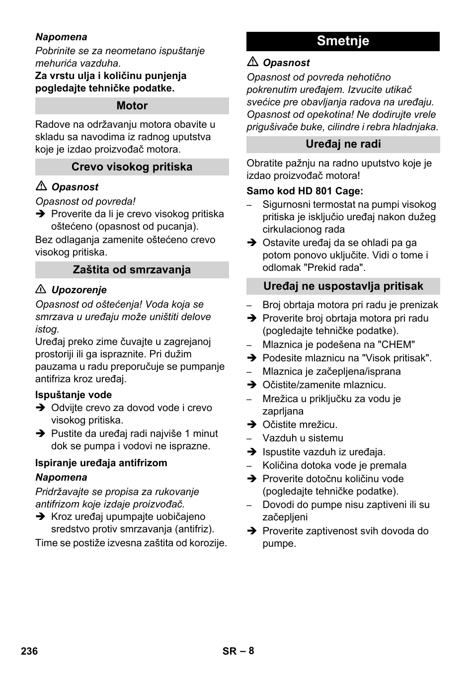 Smetnje | Karcher HD 1050 De Cage User Manual | Page 236 / 286