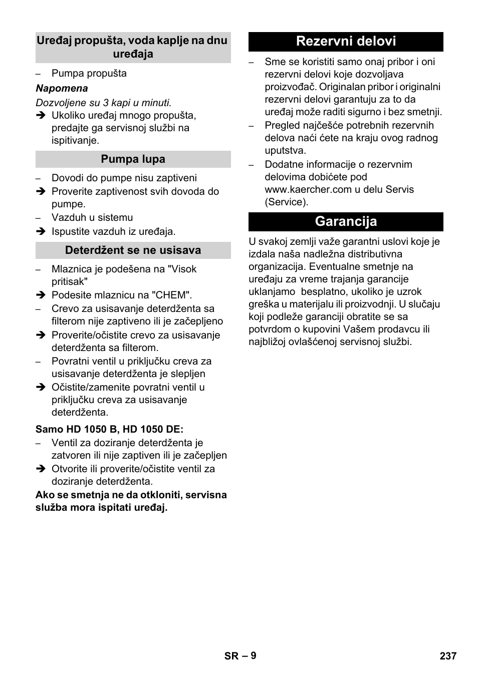 Rezervni delovi garancija | Karcher HD 1050 De Cage User Manual | Page 237 / 286