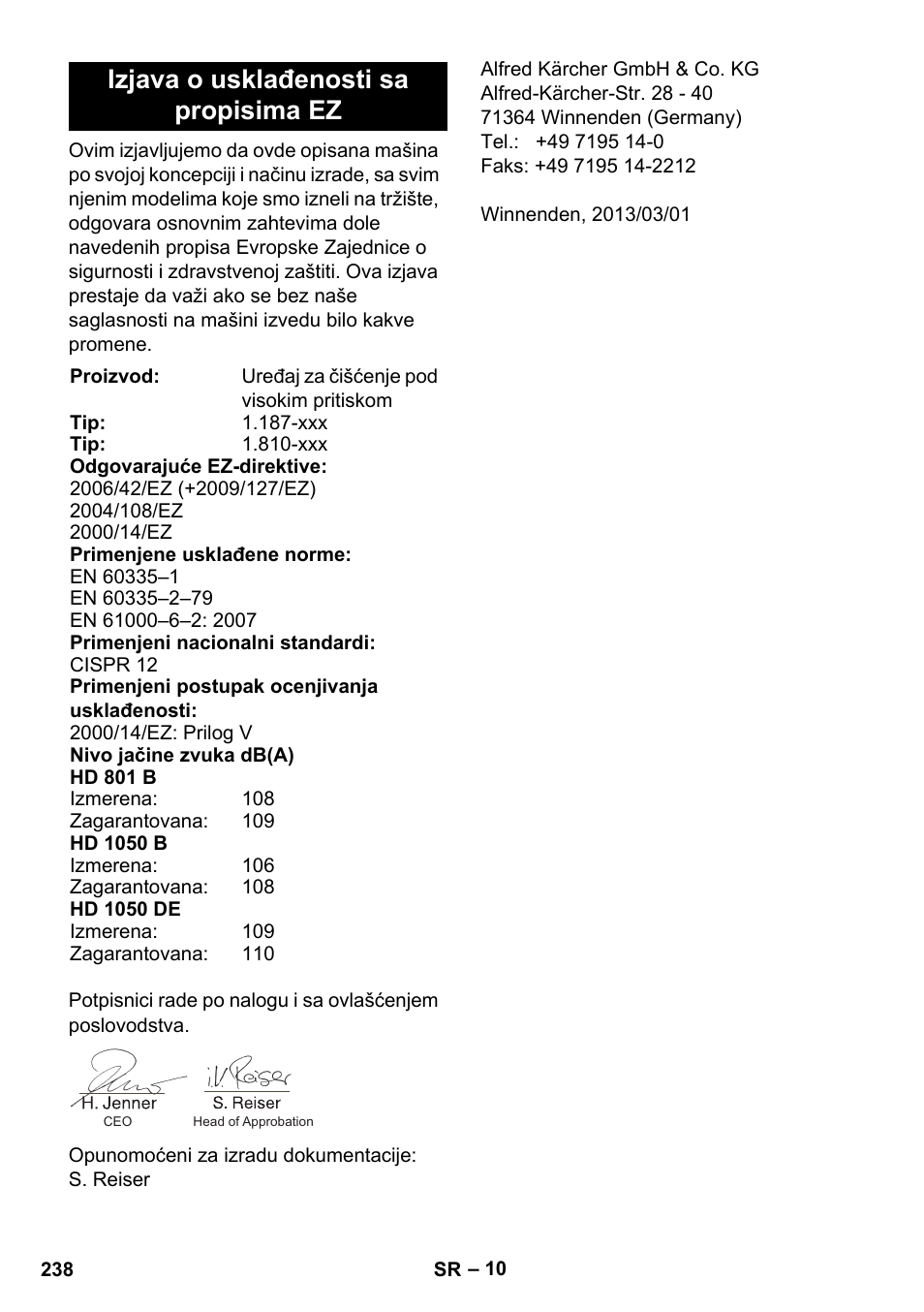 Izjava o usklađenosti sa propisima ez | Karcher HD 1050 De Cage User Manual | Page 238 / 286