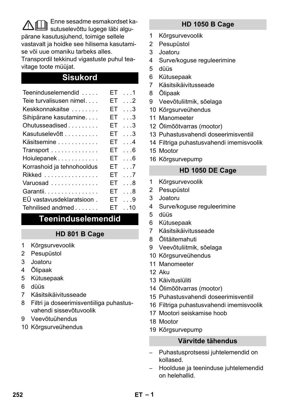 Eesti, Sisukord, Teeninduselemendid | Karcher HD 1050 De Cage User Manual | Page 252 / 286