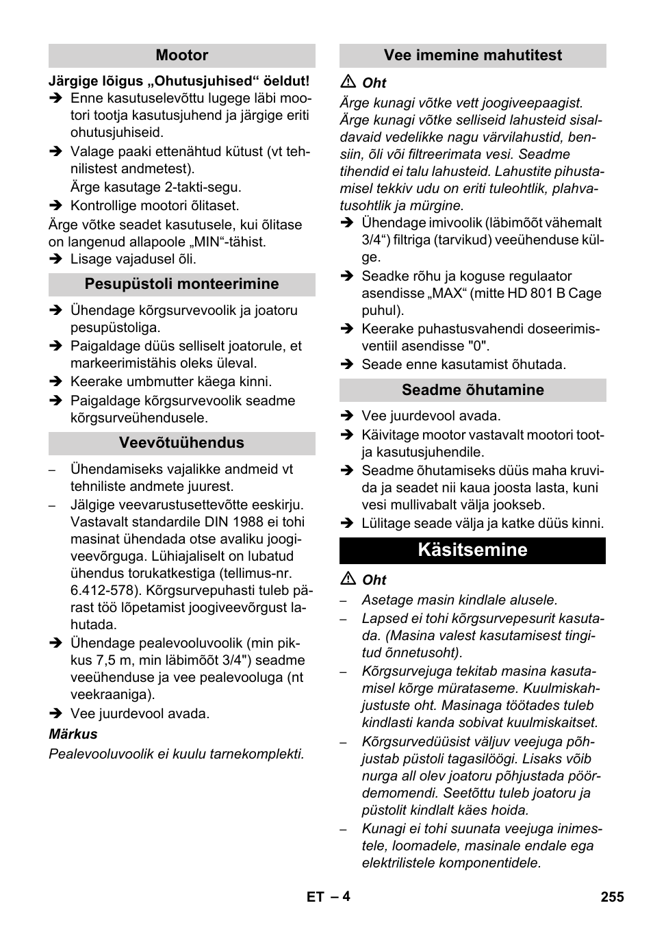 Käsitsemine | Karcher HD 1050 De Cage User Manual | Page 255 / 286