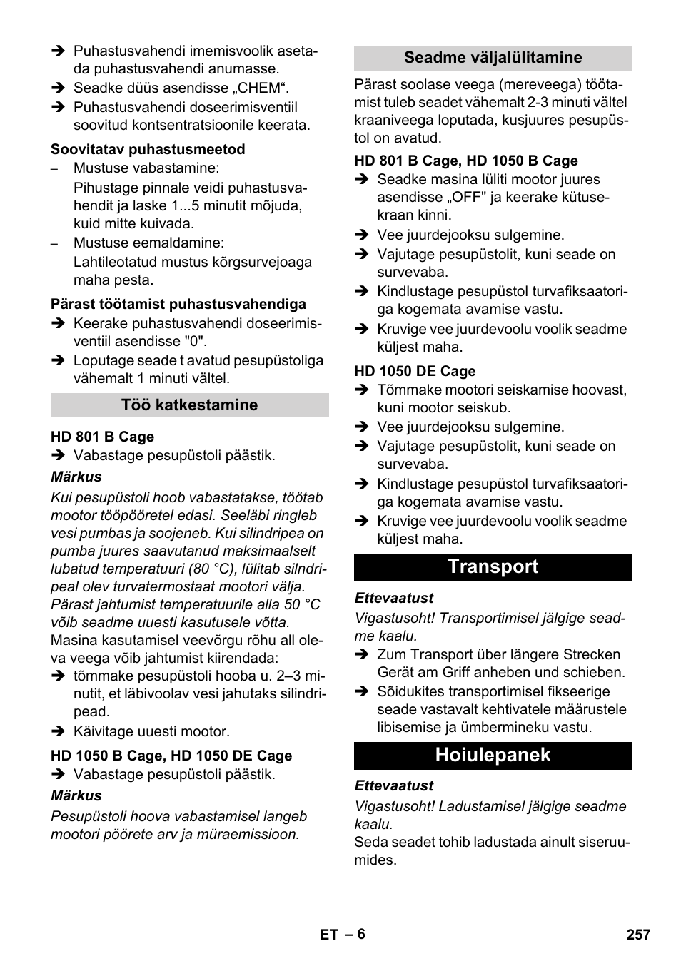 Transport hoiulepanek | Karcher HD 1050 De Cage User Manual | Page 257 / 286
