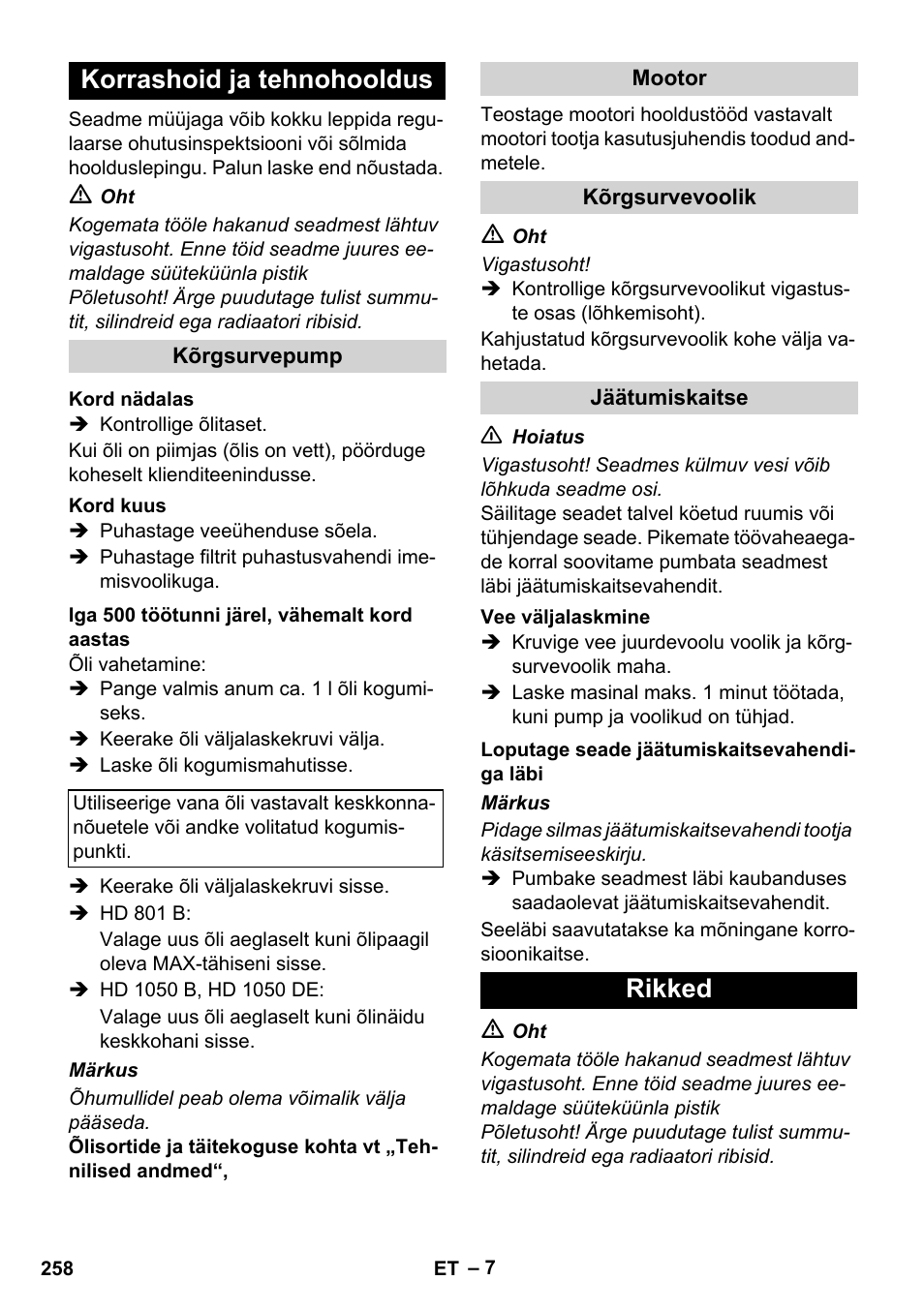 Korrashoid ja tehnohooldus, Rikked | Karcher HD 1050 De Cage User Manual | Page 258 / 286
