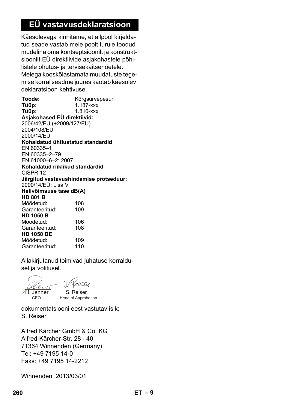 Eü vastavusdeklaratsioon | Karcher HD 1050 De Cage User Manual | Page 260 / 286