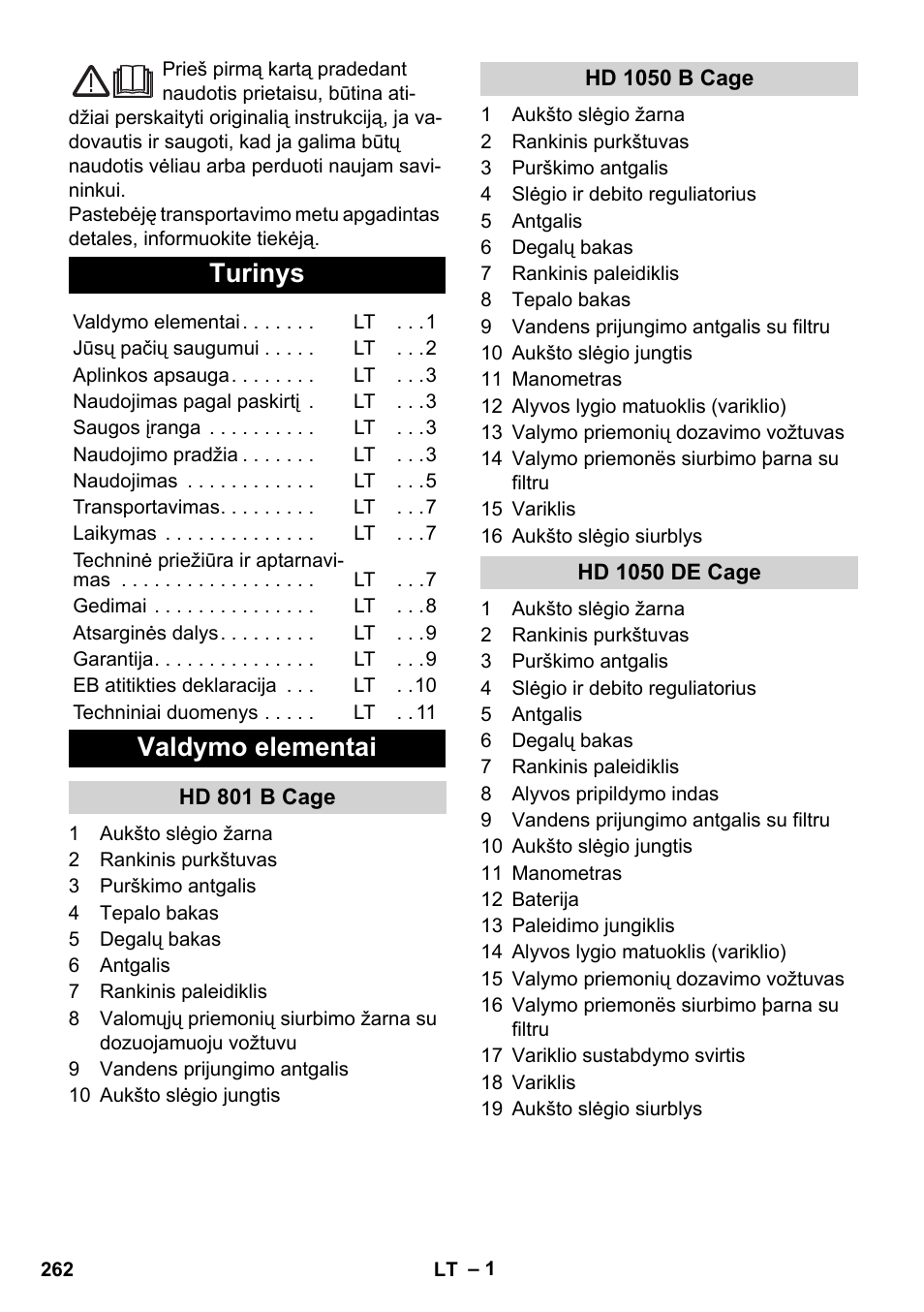 Lietuviškai, Turinys, Valdymo elementai | Karcher HD 1050 De Cage User Manual | Page 262 / 286