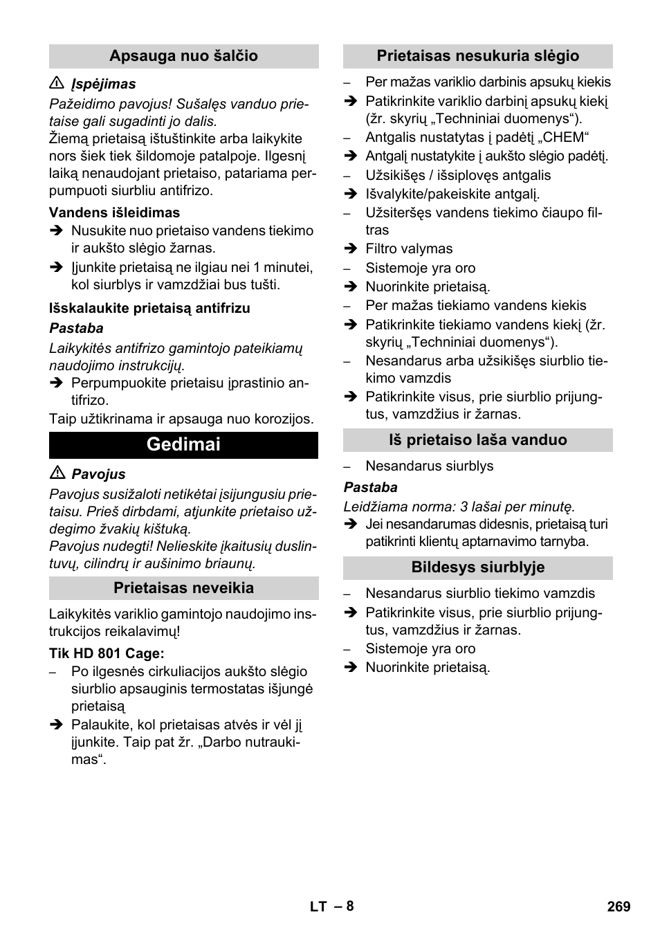 Gedimai | Karcher HD 1050 De Cage User Manual | Page 269 / 286