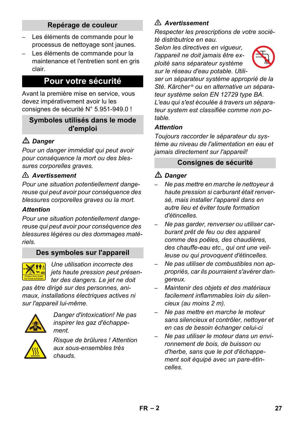 Pour votre sécurité | Karcher HD 1050 De Cage User Manual | Page 27 / 286