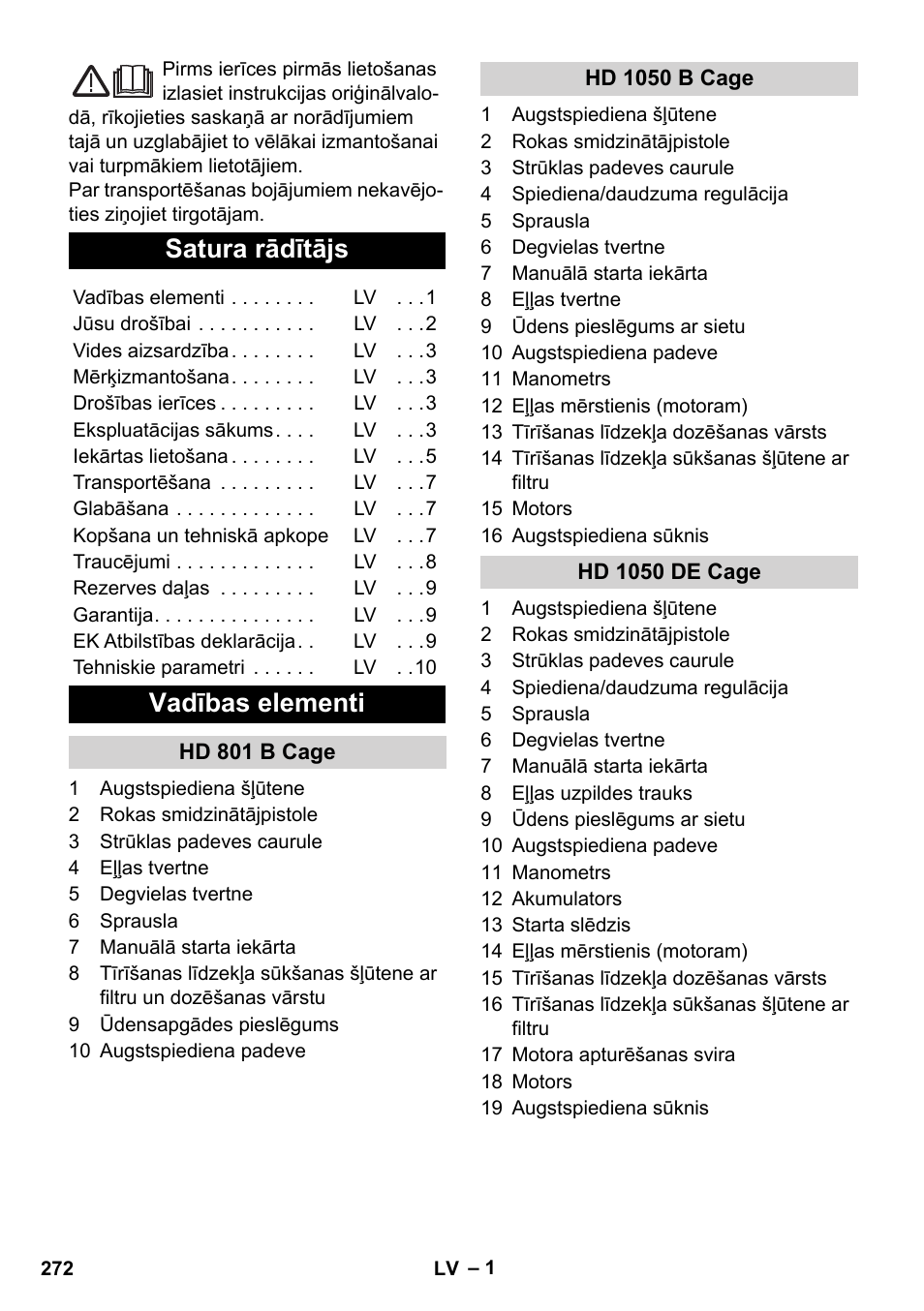 Latviešu, Satura rādītājs, Vadības elementi | Karcher HD 1050 De Cage User Manual | Page 272 / 286
