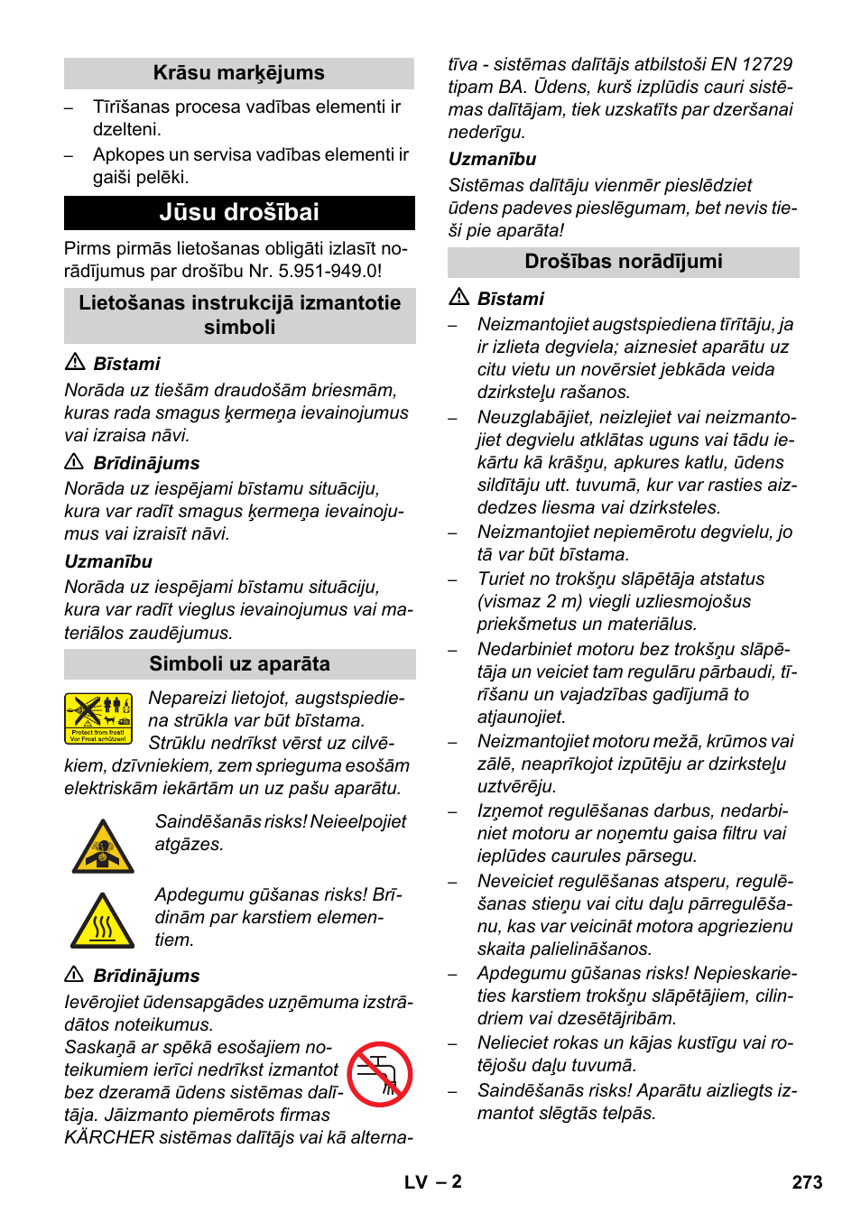 Jūsu drošībai | Karcher HD 1050 De Cage User Manual | Page 273 / 286