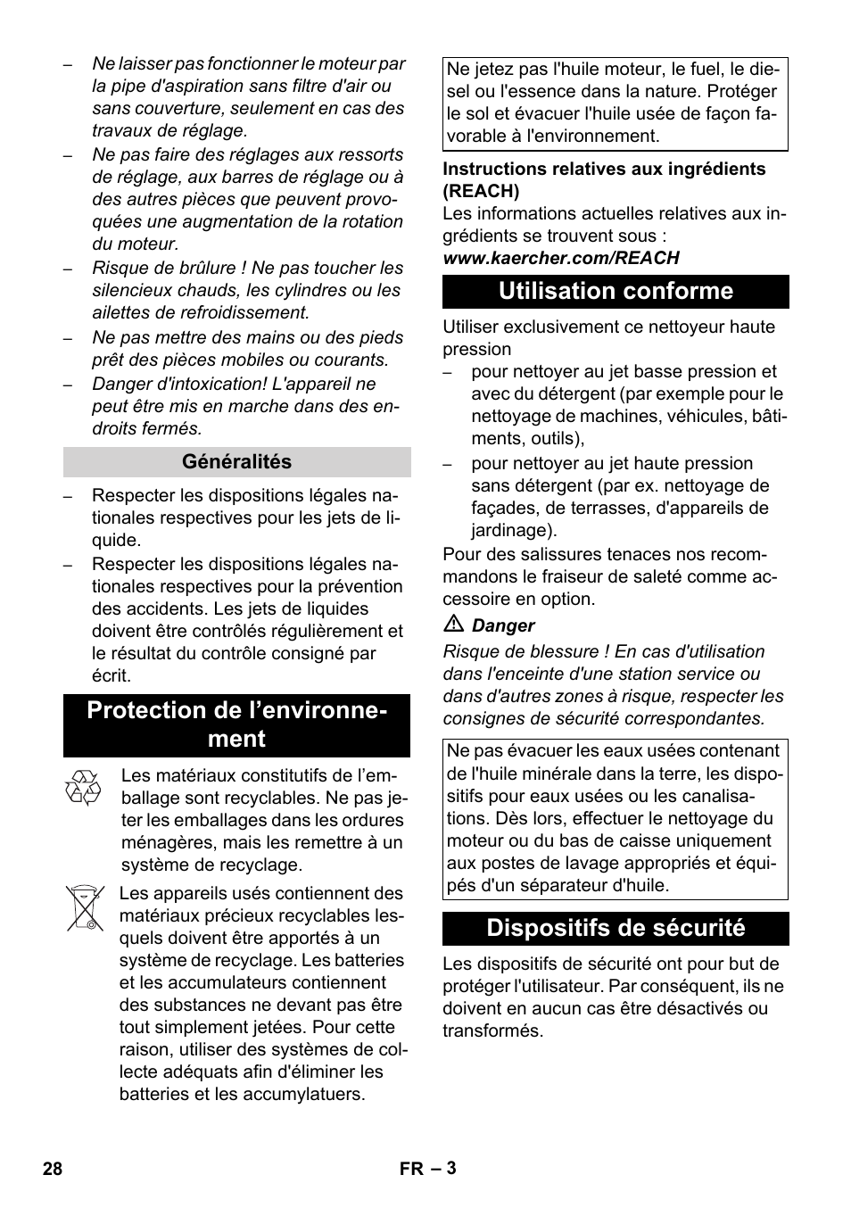 Protection de l’environne- ment, Utilisation conforme, Dispositifs de sécurité | Karcher HD 1050 De Cage User Manual | Page 28 / 286