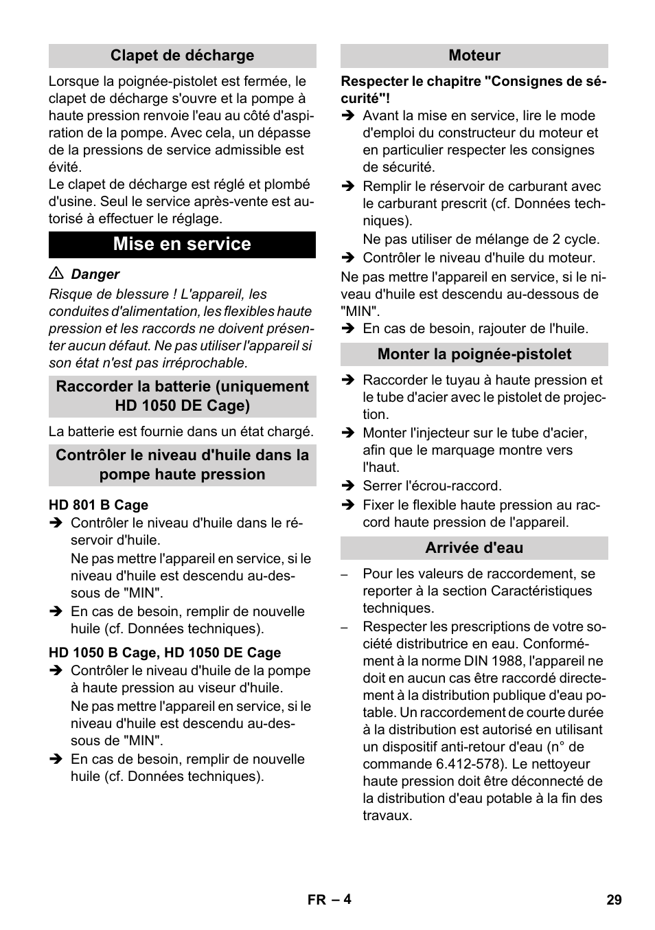 Mise en service | Karcher HD 1050 De Cage User Manual | Page 29 / 286