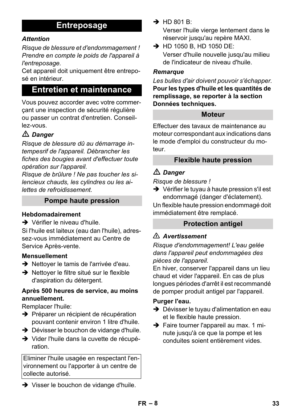 Entreposage entretien et maintenance | Karcher HD 1050 De Cage User Manual | Page 33 / 286