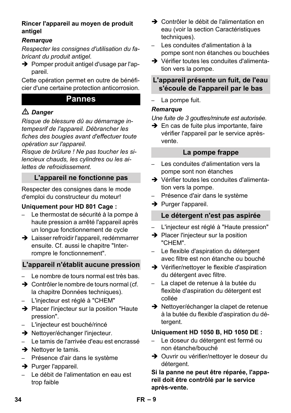 Pannes | Karcher HD 1050 De Cage User Manual | Page 34 / 286