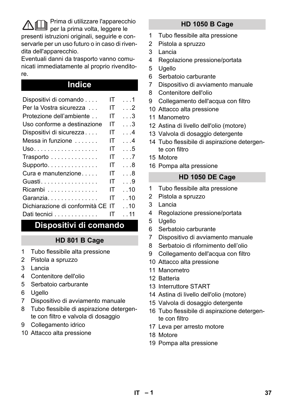 Italiano, Indice, Dispositivi di comando | Karcher HD 1050 De Cage User Manual | Page 37 / 286