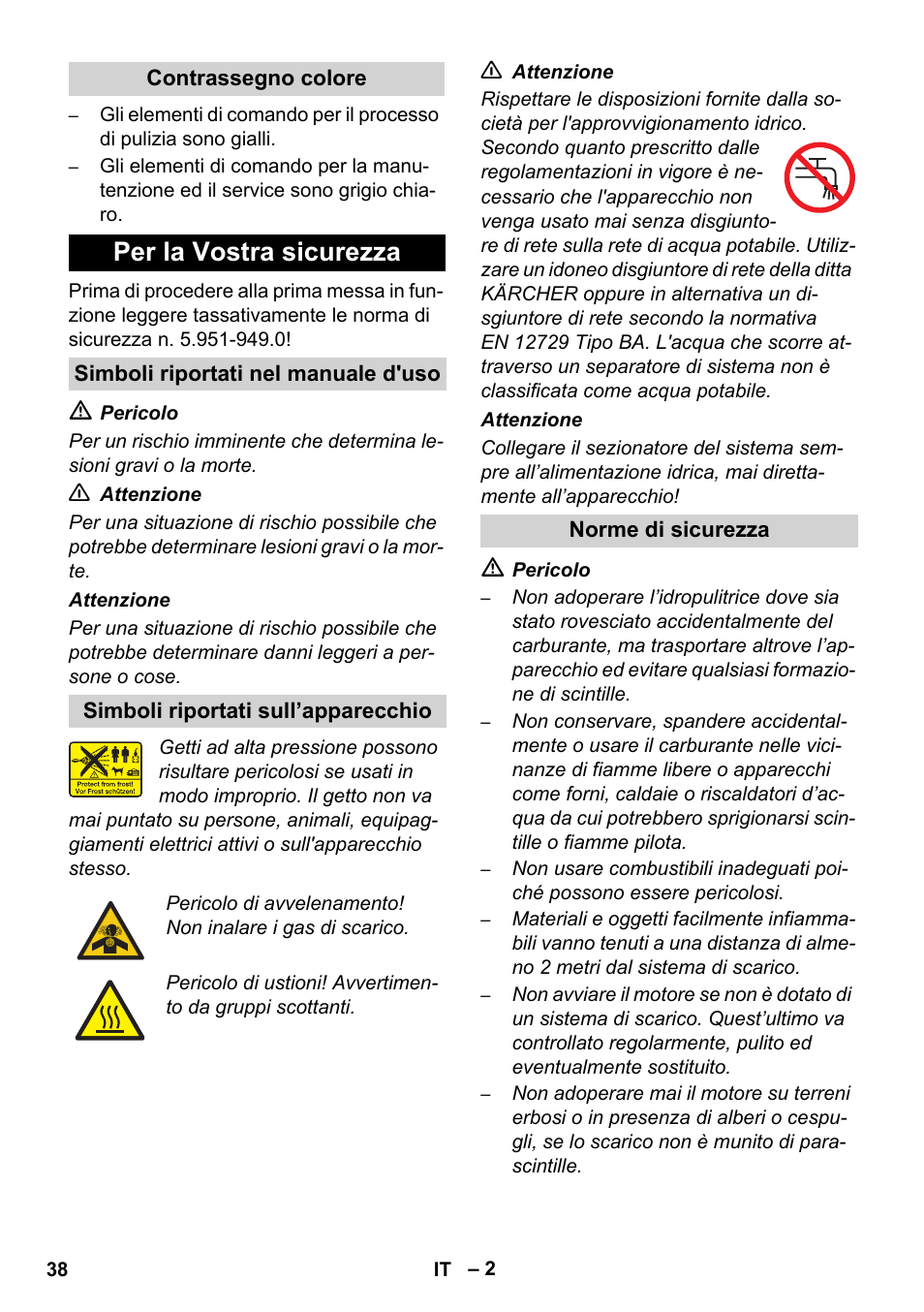 Per la vostra sicurezza | Karcher HD 1050 De Cage User Manual | Page 38 / 286