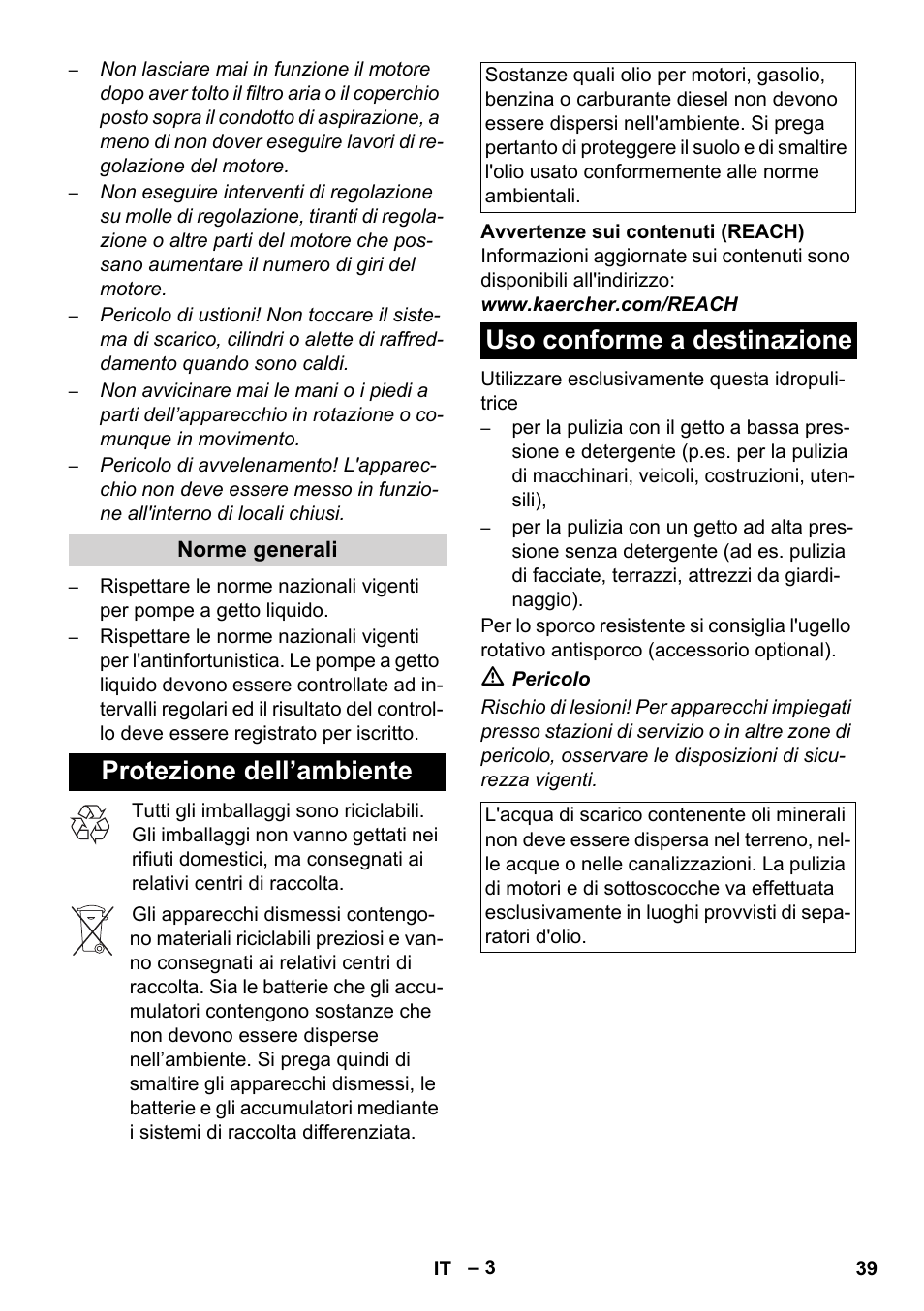 Protezione dell’ambiente, Uso conforme a destinazione | Karcher HD 1050 De Cage User Manual | Page 39 / 286