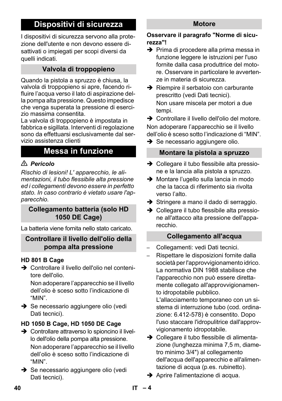 Dispositivi di sicurezza, Messa in funzione | Karcher HD 1050 De Cage User Manual | Page 40 / 286