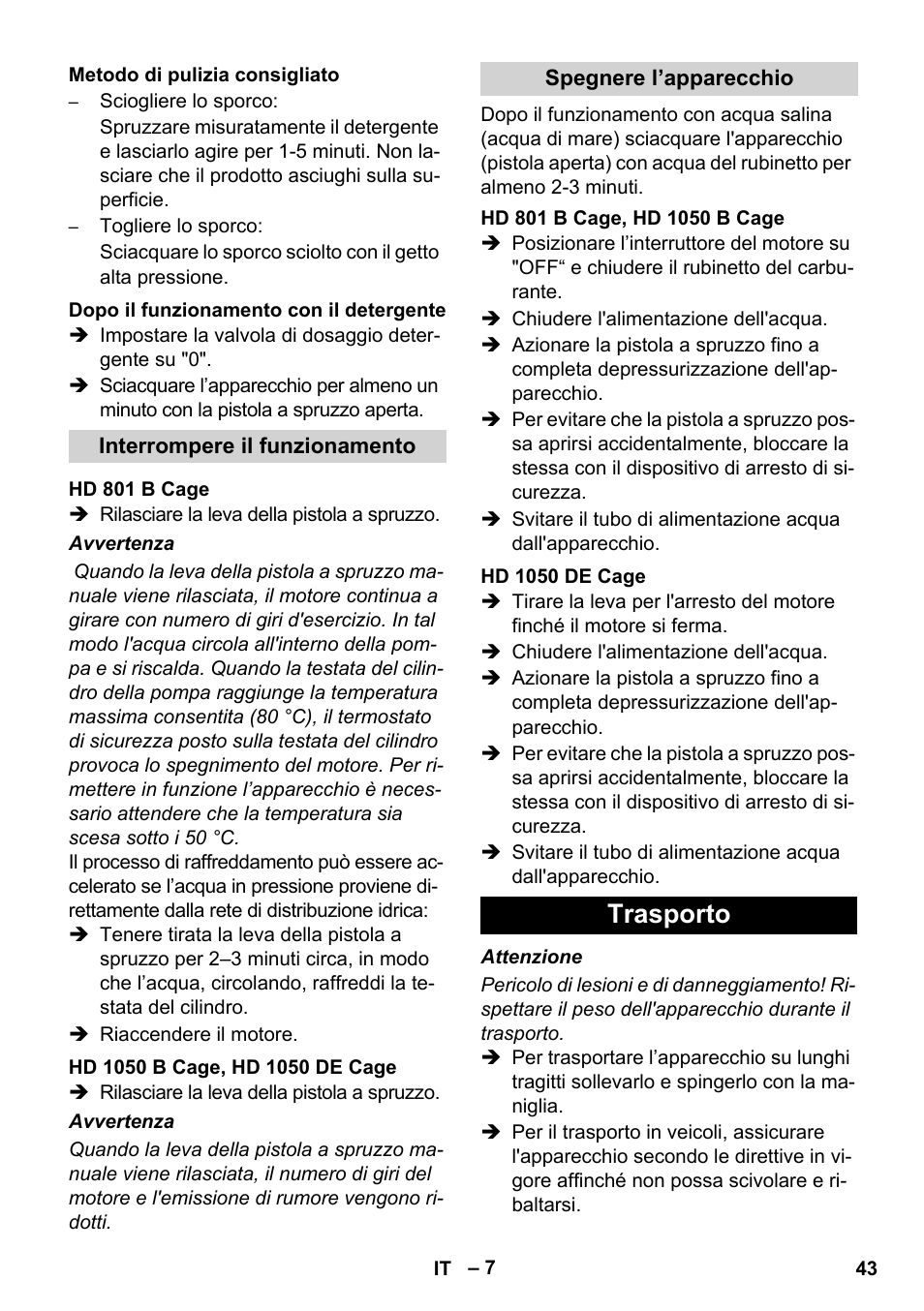 Trasporto | Karcher HD 1050 De Cage User Manual | Page 43 / 286