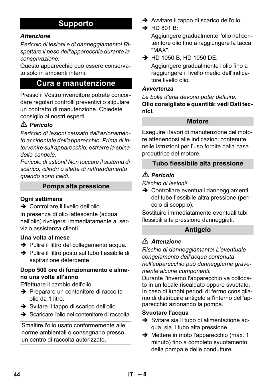 Supporto cura e manutenzione | Karcher HD 1050 De Cage User Manual | Page 44 / 286